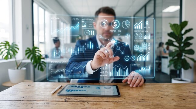 Man analyzing financial market data on futuristic hologram screen, stock trading analytics, investment strategy planning, economic growth charts, business intelligence dashboard