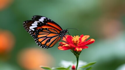 Fototapeta premium A monarch butterfly perches delicately on a vibrant orange flower against a soft green background