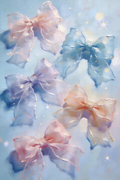 Translucent tulle bows star glitter aesthetic art Sheer organza bows, dreamy starry nebula decor Macaron sheer bows, soft haze gradient illustration 