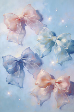 Translucent tulle bows star glitter aesthetic art Sheer organza bows, dreamy starry nebula decor Macaron sheer bows, soft haze gradient illustration 