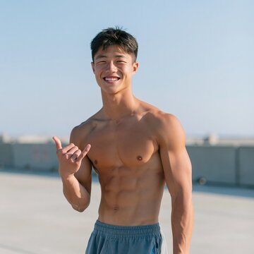 Shirtless fit young man making shaka gesture on a sunny rooftop for fitness banner and lifestyle background