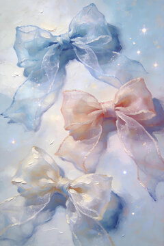 Translucent tulle bows star glitter aesthetic art Sheer organza bows, dreamy starry nebula decor Macaron sheer bows, soft haze gradient illustration 