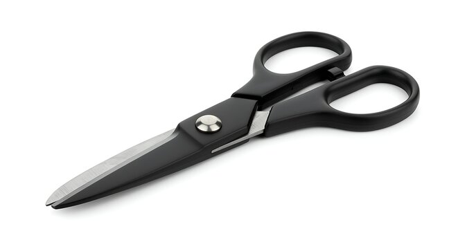 Sharp black handled scissors with metallic blades open against white background
