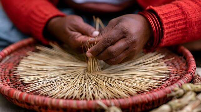 Close up of hands weaving a basket using natural fibers  showing detailed craftsmanship and traditional ry