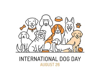 Fototapeta premium International dog day banner with diverse dog breeds line art