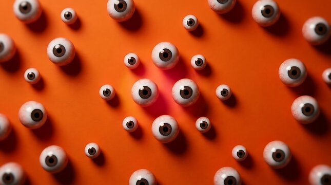Multiple eyeball objects on orange background