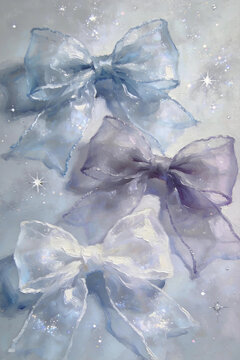 Translucent tulle bows star glitter aesthetic art Sheer organza bows, dreamy starry nebula decor Macaron sheer bows, soft haze gradient illustration 