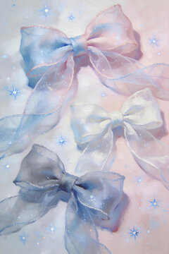 Translucent tulle bows star glitter aesthetic art Sheer organza bows, dreamy starry nebula decor Macaron sheer bows, soft haze gradient illustration 