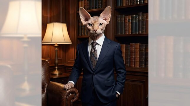 Anthropomorphic sphynx cat wearing suit in classic library