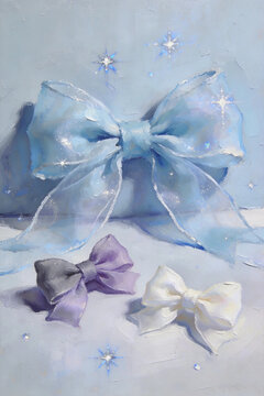 Translucent tulle bows star glitter aesthetic art Sheer organza bows, dreamy starry nebula decor Macaron sheer bows, soft haze gradient illustration 