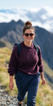Young woman hiking on a mountain trail with backpack and sunglasses for adventure travel background and outdoor activity imagery