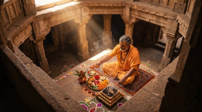 Indian priest performing havan fire puja inside historic stepwell