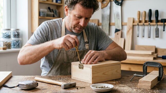 Male carpenter using screwdriver to attach metal hinge to wooden box