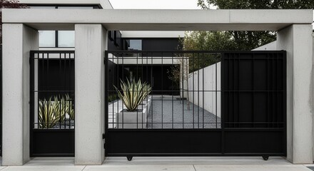 Fototapeta premium Modern Architectural Entrance Gate With Striking Agave Plants And Clean Lines