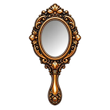 Ornate vintage golden hand mirror with intricate decorative frame and oval reflective surface.