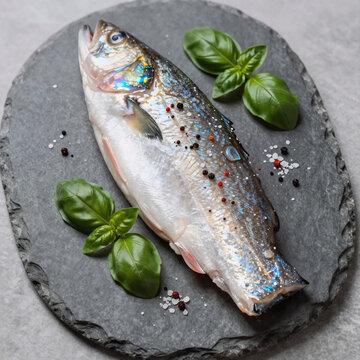 Holographic Pepper Vertical. Served On A Stone Plate, Fresh Cod Fillet Seasoned With Pepper, Salt, And Basil