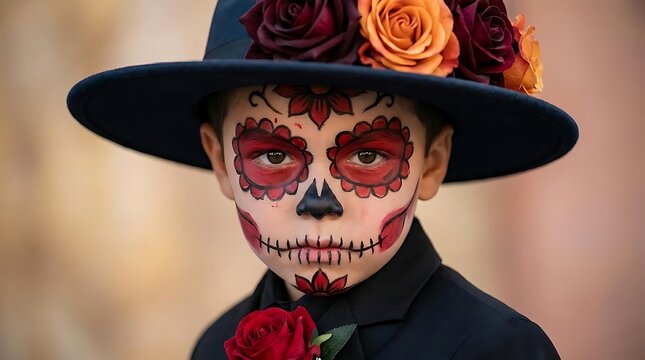 Child wearing sugar skull face paint and floral hat