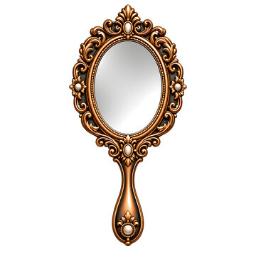Ornate vintage hand mirror with a decorative gold frame and handle, featuring intricate carvings and pearl accents.