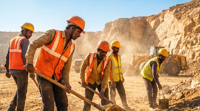 Laborers in protective gear working at an open pit mining quarry site during sunrise