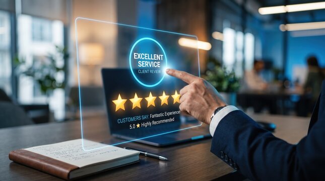 Hand touching virtual screen showing excellent service client review with five stars rating, representing customer satisfaction feedback and positive business reputation