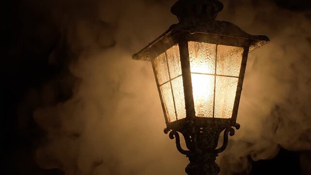 Vintage street lantern glowing in dark night fog. Antique lamp post emitting warm golden light through mist. Atmospheric scene for mystery and horror concept.