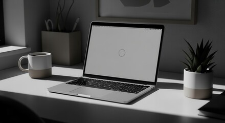 Fototapeta premium Minimalist Desk Setup With Laptop And Coffee Mug