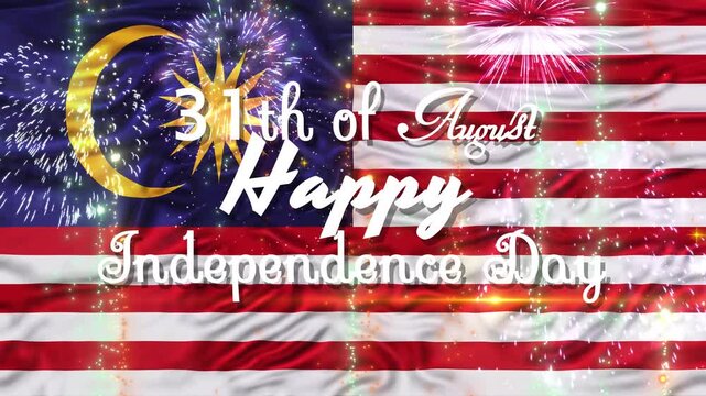 Happy Malaysia Independence Day Text and firework with flag wave animation. 14 august Malaysia event.