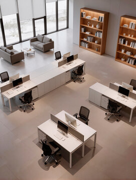 Open Plan Office Interior with Natural Light and Indoor Plants. AI genetrated
