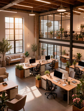 Open Plan Office Interior with Natural Light and Indoor Plants. AI genetrated
