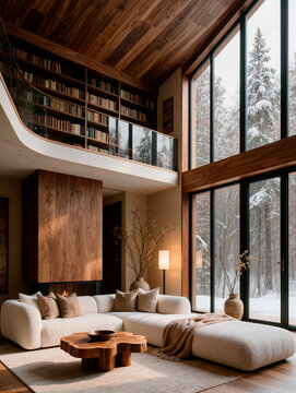 Spacious Living Room with Snowy Forest View and Mezzanine Library