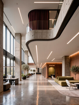 Open Plan Office Interior with Natural Light and Indoor Plants. AI genetrated