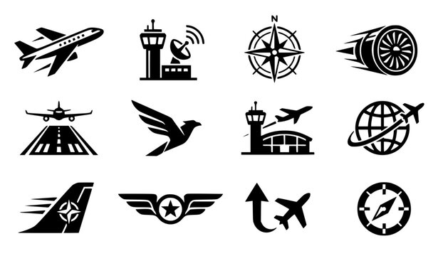 Geometric negative space black and white aviation flight airplane airport monogram icon set in 3x4 grid layout