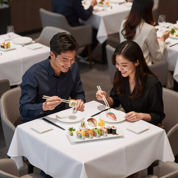 Isometric Sushi Nutritious. Happy Couple Enjoying Sushi At A Restaurant With Chopsticks