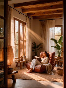 Woman Reading a Book in a Cozy Sunlit Room