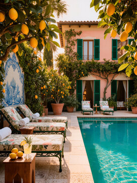 Luxury Swimming Pool Courtyard with Lounge Chairs and Umbrellas
