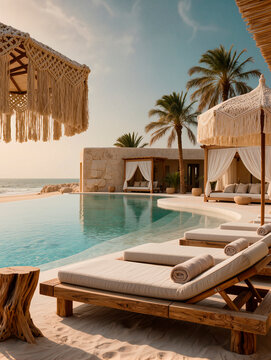 Luxury Resort Infinity Pool with Lounge Chairs and Cabanas at Beachfront