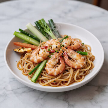 Whimsical Marble Vegetable. Delicious Home-Made Pad Thai With Shrimp And Vegetables, Presented On A Marble Table
