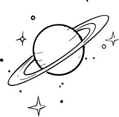 Saturn planet with rings and stars simple line art illustration for space exploration and astronomy concepts isolated on white background © Irhama Iqbal 