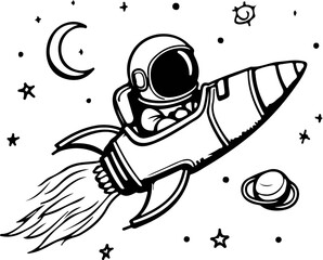 Astronaut in a rocket ship flying through space with stars and planets hand-drawn illustration for childrens books and science themes © Irhama Iqbal 