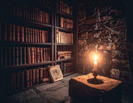 A single glowing candle illuminates an ancient library filled with old leatherbound books inside an atmospheric dark stone chamber with nobody, evoking secret medieval wisdom.