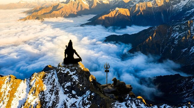 Majestic silhouette of a serene divine figure in meditation, perched atop a snow-capped mountain peak, overlooking a vast sea of clouds, symbolizing peace and spiritual transcendence