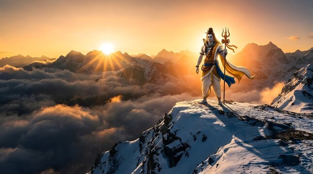 Majestic Lord Shiva Standing on a Snowy Himalayan Mountain Peak at Golden Sunrise
