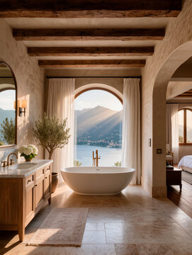 Freestanding Bathtub in Luxury Bathroom. AI generated