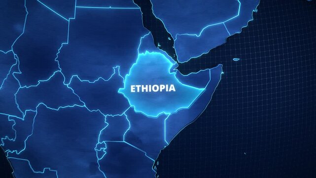 Digital map animation highlighting Ethiopia, East Africa, featuring glowing borders, a subtle geometric grid, and typography for a travel and news-style graphic template.
