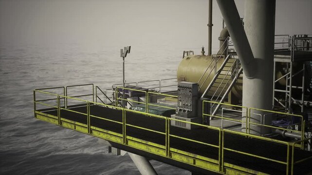 Oil rig walkway beside open sea, closeup of rusted grating and safety rail, maintenance tools and inspection tags on deck, muted sky and calm water creating