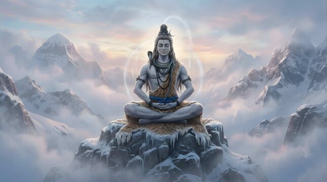 Majestic Lord Shiva Meditating on Snowy Himalayan Peak Under Ethereal Moonlight for Spiritual Enlightenment and Serene Divine Energy
