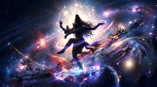 Lord Shiva performing cosmic dance Nataraja in space surrounded by galaxy nebula stars and divine energy