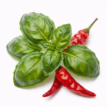 Synthwave Pepper Chile. Isolated Fresh Basil Leaves And Red Chilli Pepper On A White Background For Cooking Design