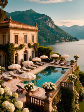 Luxury Villa with Swimming Pool Overlooking Lake and Mountains. AI generated