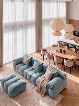Contemporary Living Room and Dining Area with Blue Sofa and Wooden Table